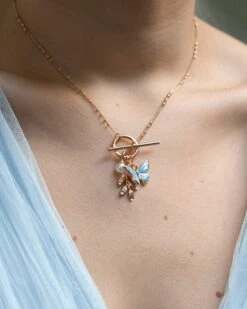 Enamel Blue Butterfly & Leaf Charm Necklace -Chic Accessories Shop enamel blue butterfly leaf charm necklace by fable england 40296268366068