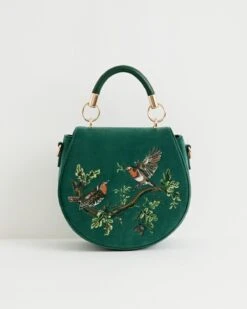 Robin Love Velvet Embroidered Saddle Bag - Fern Green
